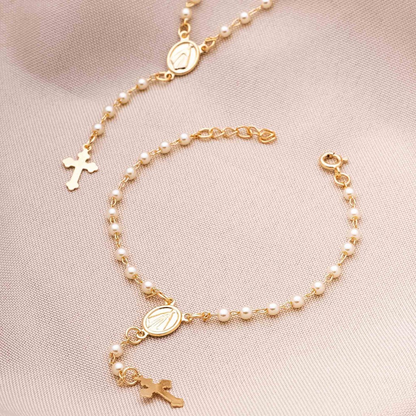 Pulseira Religiosa Terço Pérola Feminina Banhado Ouro 18K