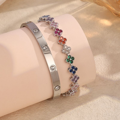 Conjunto Bracelete e Pulseira Feminina em Aço Inoxidável
