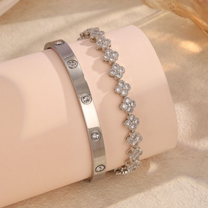 Conjunto Bracelete e Pulseira Feminina em Aço Inoxidável