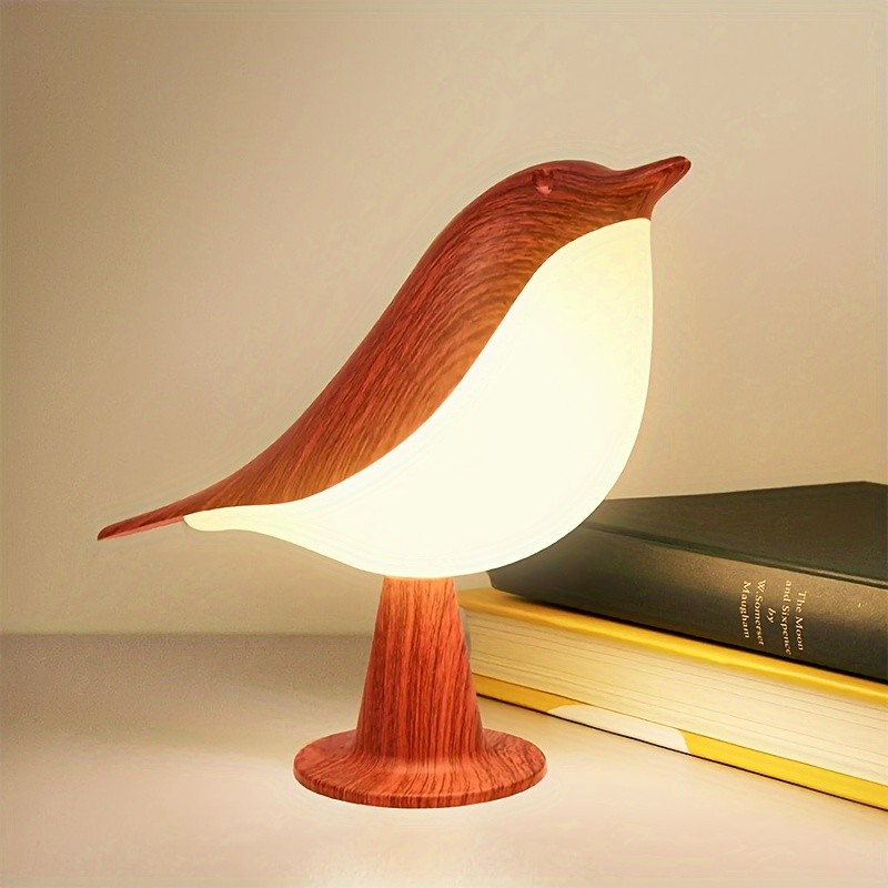 Abajur Pássaro Touch Dimerizável | Luminaria de Mesa Madeira Recarregável USB | Decoração Quarto