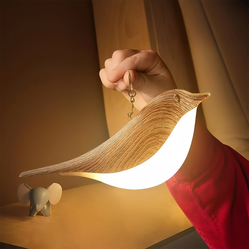 Abajur Pássaro Touch Dimerizável | Luminaria de Mesa Madeira Recarregável USB | Decoração Quarto