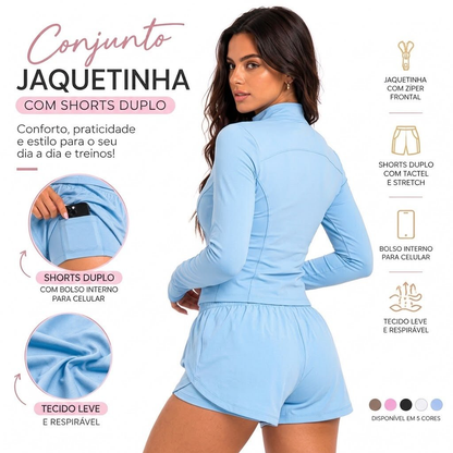 Conjunto Fitness Feminino Jaquetinha + Shorts duplo