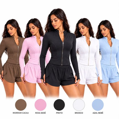 Conjunto Fitness Feminino Jaquetinha + Shorts duplo