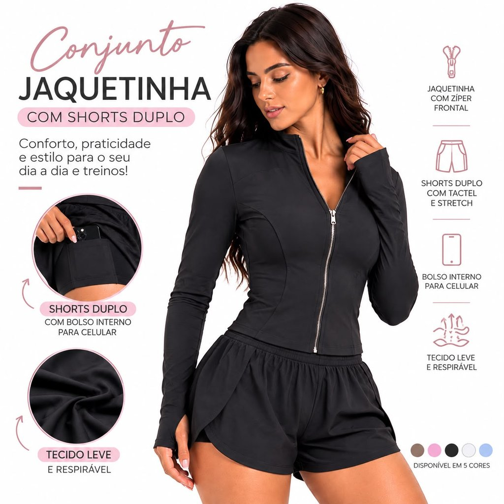 Conjunto Fitness Feminino Jaquetinha + Shorts duplo