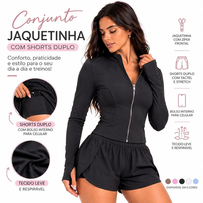 Conjunto Fitness Feminino Jaquetinha + Shorts duplo