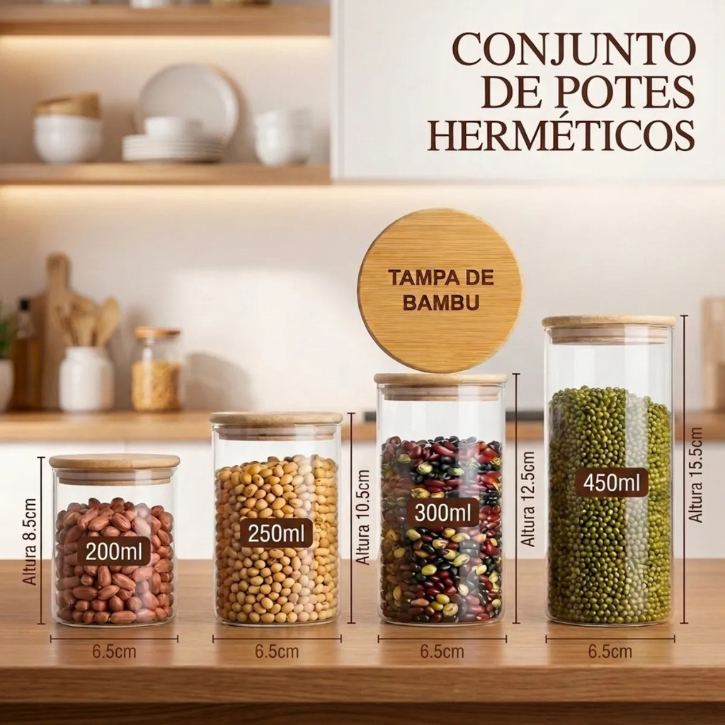 Kit 4 Potes Hermético De Vidro Redondos Com Tampa Bambu Fecho De Pressão Armazenamento Cereais Grãos Cozinha