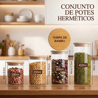 Kit 4 Potes Hermético De Vidro Redondos Com Tampa Bambu Fecho De Pressão Armazenamento Cereais Grãos Cozinha