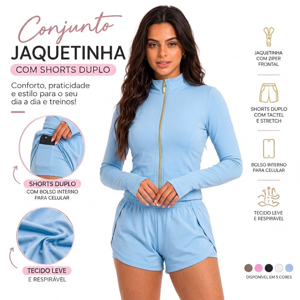 Conjunto Fitness Feminino Jaquetinha + Shorts duplo