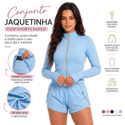 Conjunto Fitness Feminino Jaquetinha + Shorts duplo