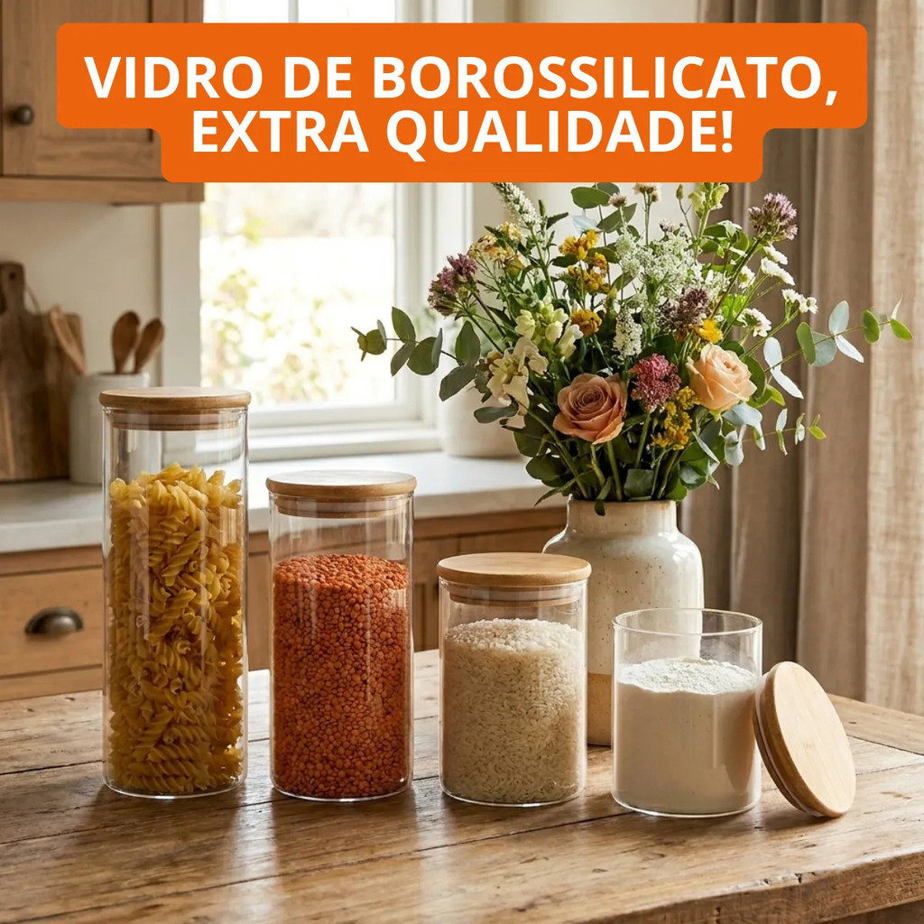 Kit 4 Potes Hermético De Vidro Redondos Com Tampa Bambu Fecho De Pressão Armazenamento Cereais Grãos Cozinha