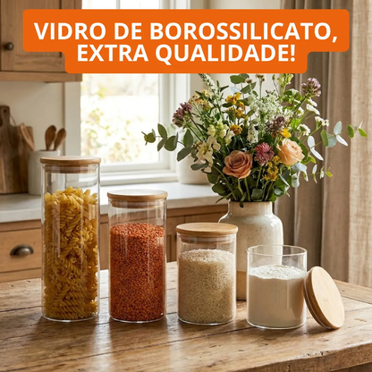 Kit 4 Potes Hermético De Vidro Redondos Com Tampa Bambu Fecho De Pressão Armazenamento Cereais Grãos Cozinha