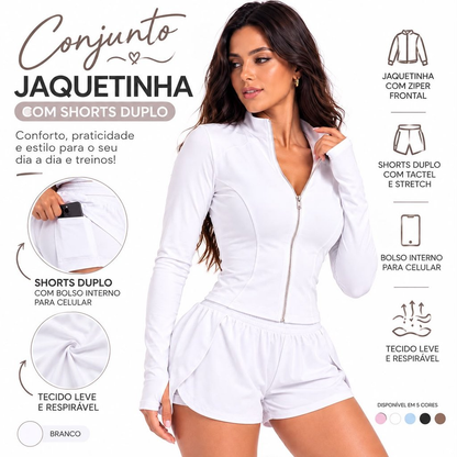 Conjunto Fitness Feminino Jaquetinha + Shorts duplo