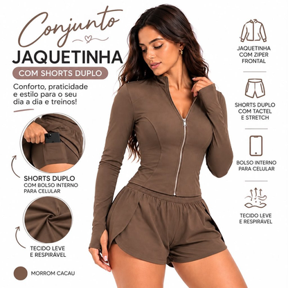 Conjunto Fitness Feminino Jaquetinha + Shorts duplo