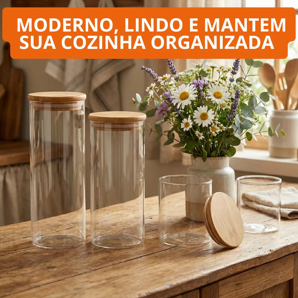 Kit 4 Potes Hermético De Vidro Redondos Com Tampa Bambu Fecho De Pressão Armazenamento Cereais Grãos Cozinha