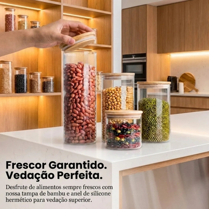 Kit 4 Potes Hermético De Vidro Redondos Com Tampa Bambu Fecho De Pressão Armazenamento Cereais Grãos Cozinha