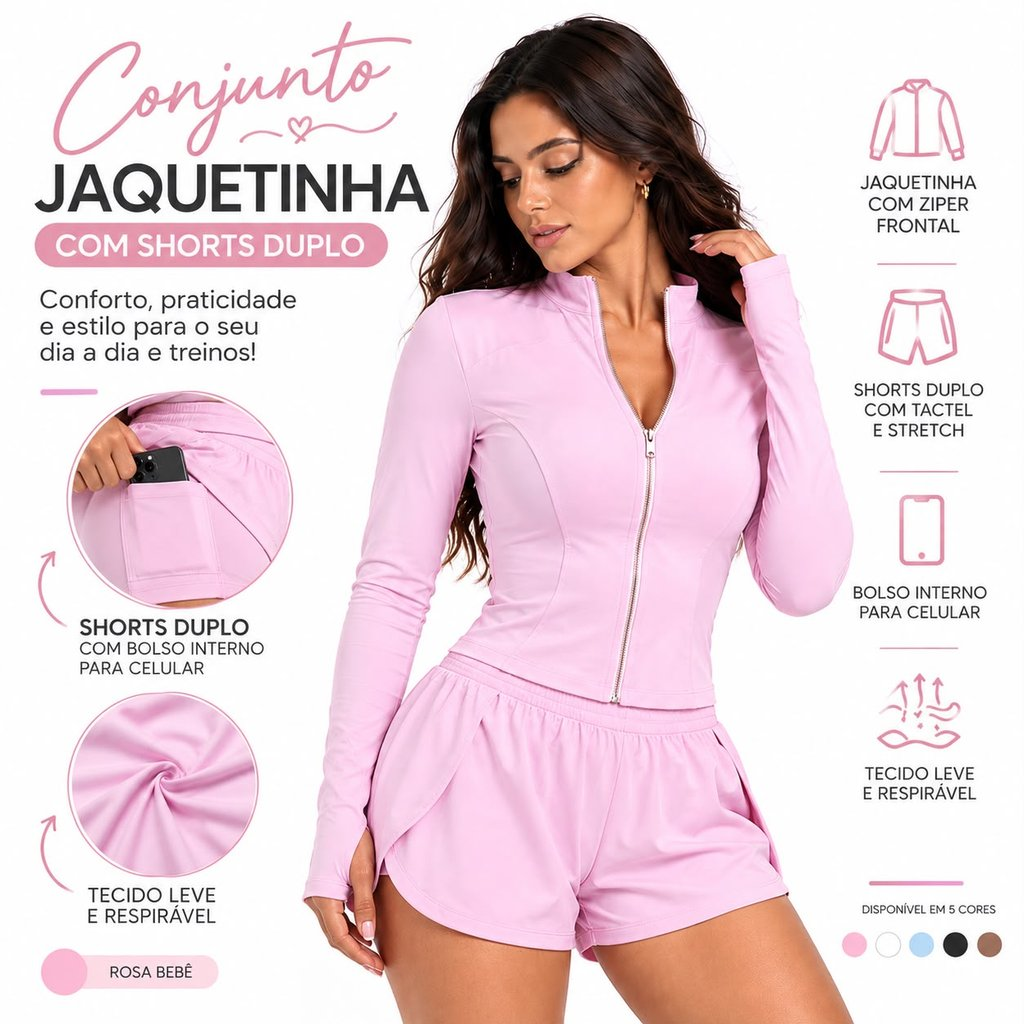 Conjunto Fitness Feminino Jaquetinha + Shorts duplo