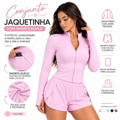 Conjunto Fitness Feminino Jaquetinha + Shorts duplo