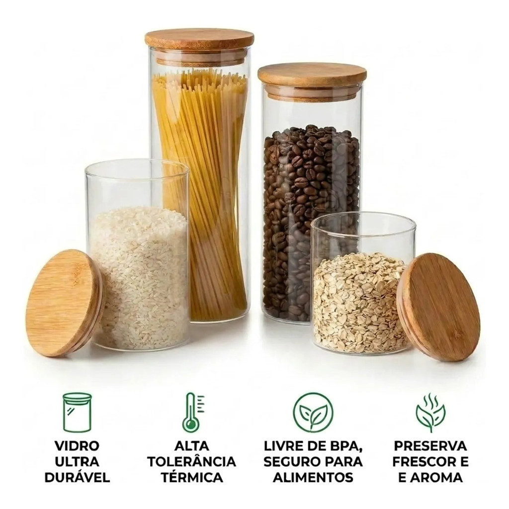 Kit 4 Potes Hermético De Vidro Redondos Com Tampa Bambu Fecho De Pressão Armazenamento Cereais Grãos Cozinha