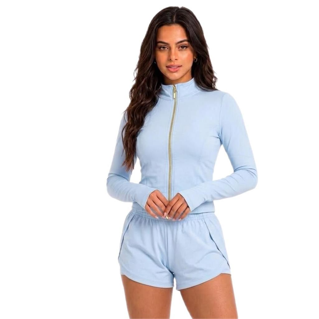 Conjunto Fitness Feminino Jaquetinha com Zíper e Shorts Duplo