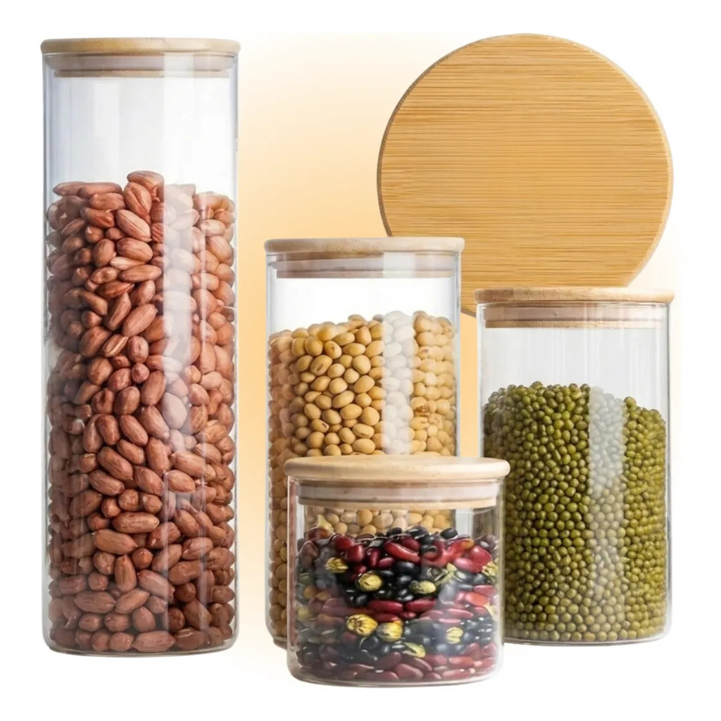 Kit 4 Potes Hermético De Vidro Redondos Com Tampa Bambu Fecho De Pressão Armazenamento Cereais Grãos Cozinha
