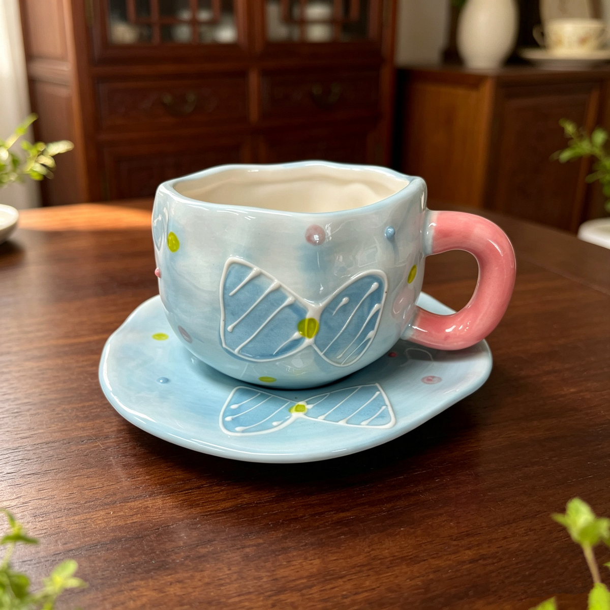 Conjunto De Xícara E Pires De Café De Cerâmica Pitada À Mão , Caneca Com Estampa Floral De Alta Estética Para Chá Da Tar