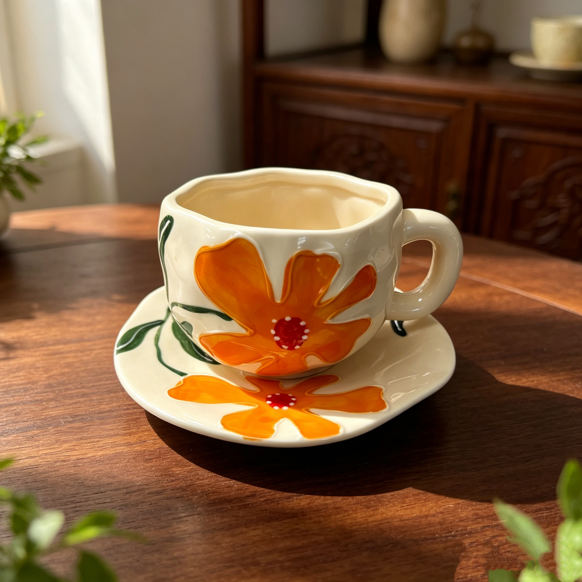 Conjunto De Xícara E Pires De Café De Cerâmica Pitada À Mão , Caneca Com Estampa Floral De Alta Estética Para Chá Da Tar