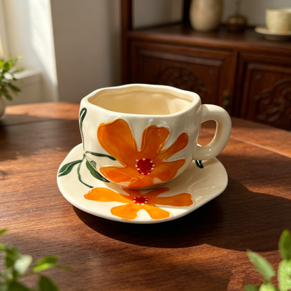 Conjunto De Xícara E Pires De Café De Cerâmica Pitada À Mão , Caneca Com Estampa Floral De Alta Estética Para Chá Da Tar