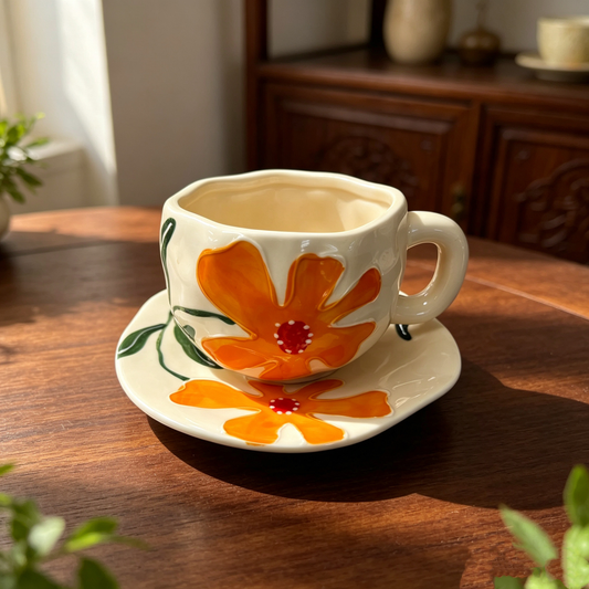 Conjunto De Xícara E Pires De Café De Cerâmica Pitada À Mão , Caneca Com Estampa Floral De Alta Estética Para Chá Da Tar