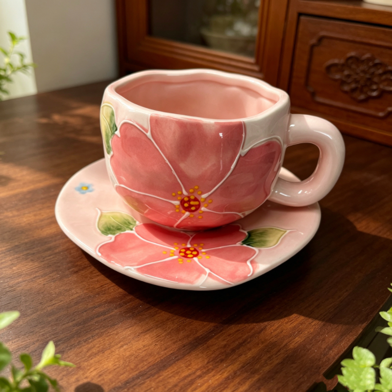 Conjunto De Xícara E Pires De Café De Cerâmica Pitada À Mão , Caneca Com Estampa Floral De Alta Estética Para Chá Da Tar