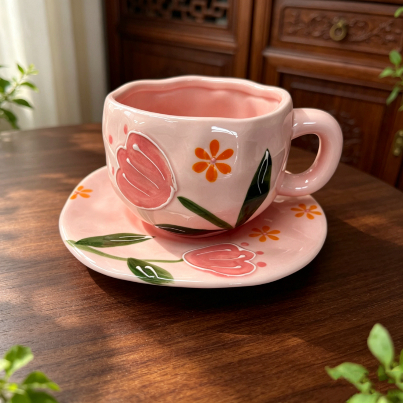 Conjunto De Xícara E Pires De Café De Cerâmica Pitada À Mão , Caneca Com Estampa Floral De Alta Estética Para Chá Da Tar