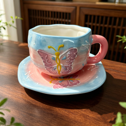 Conjunto De Xícara E Pires De Café De Cerâmica Pitada À Mão , Caneca Com Estampa Floral De Alta Estética Para Chá Da Tar